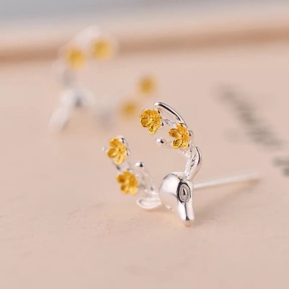 S925 Flower Deer Stud Earrings - Picture 2 of 9